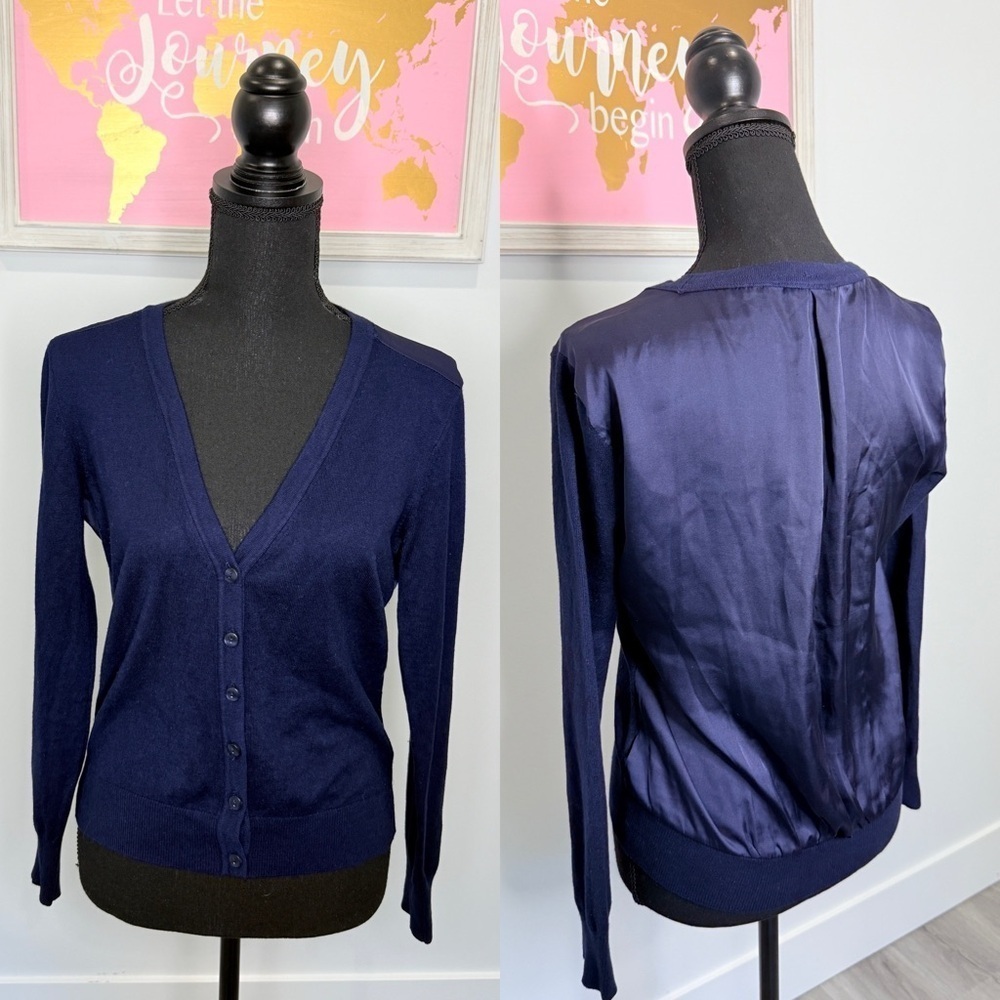 Chelsea & Theodore Dark Blue Semi-Sheer Back Long Sleeve Button Up Cardigan (S)